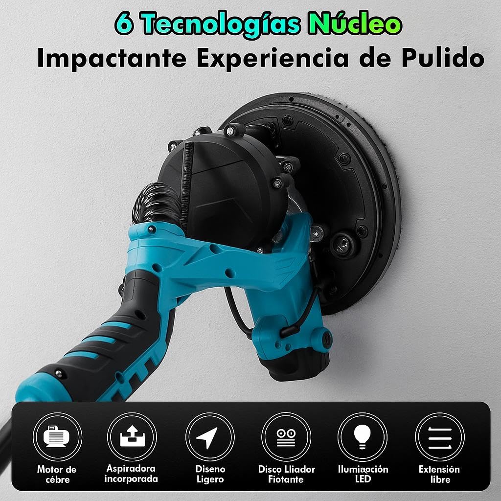 Lijadora Telescópica Pared y Techo 1000W – 6 Velocidades Ajustables, Cabezal Giratorio 100°, Auto-recolección de Polvo 98%, Mango Extensible, Luz LED 360°