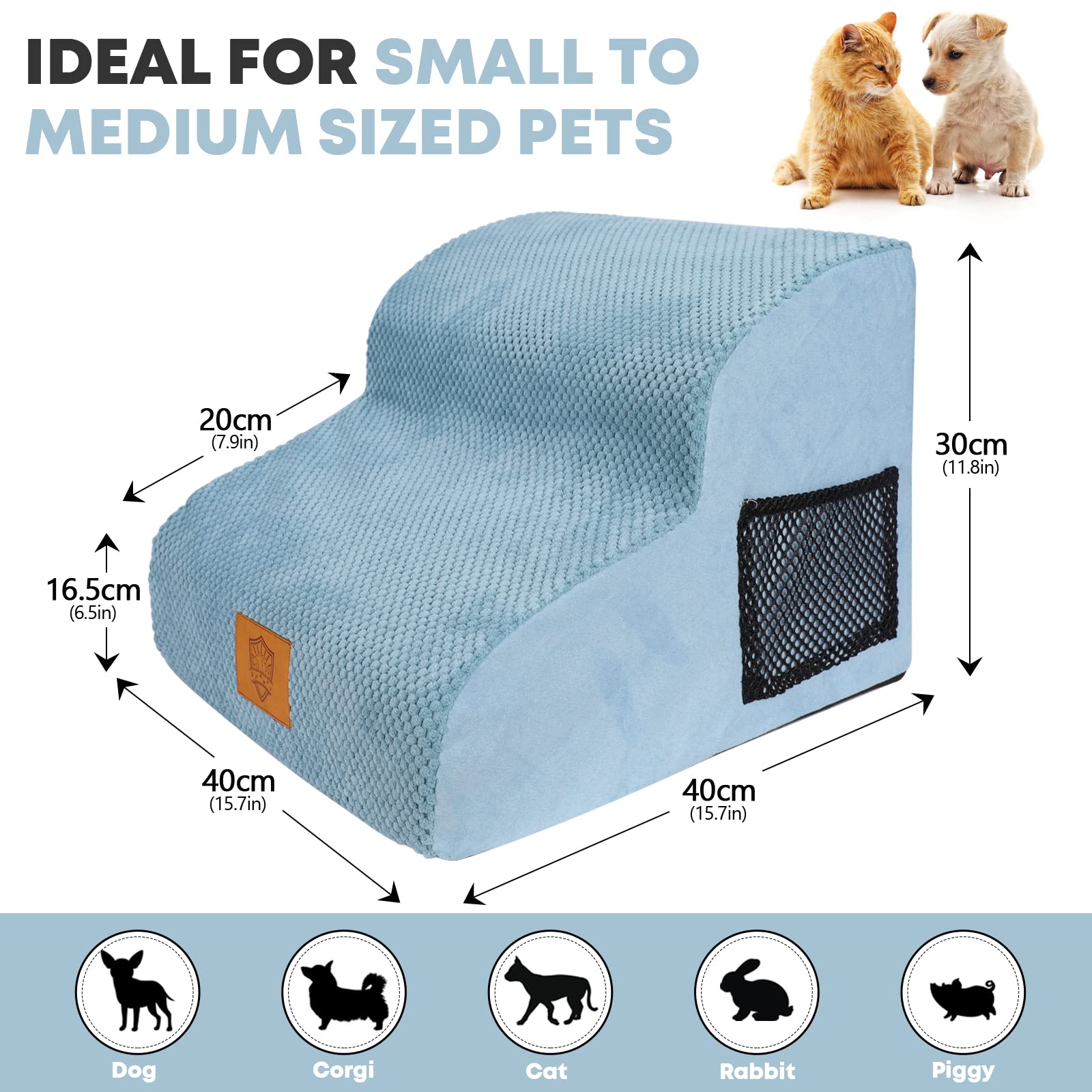 Kphico Pet Stairs,Non-Slip 2 Steps Pet Ramp with Washable Cover,High Density Sponge Dog Steps for Puppies, Older, and Injured Pets - Send 1 Pet Hair Remover(Blue)