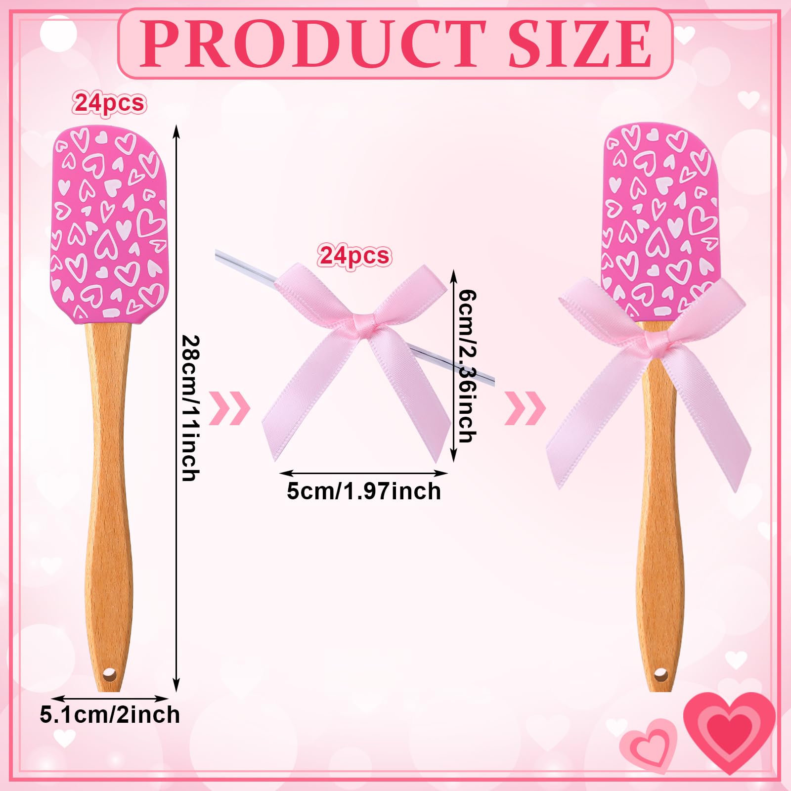 Maxcheck 24 Pcs Valentine's Day Silicone Spatulas with Wooden Handles Valentine Pattern Heat Resistant Baking Spatulas Silicone Spatulas with Pink Satin Ribbon Bows for Baking Cooking and Sauteing