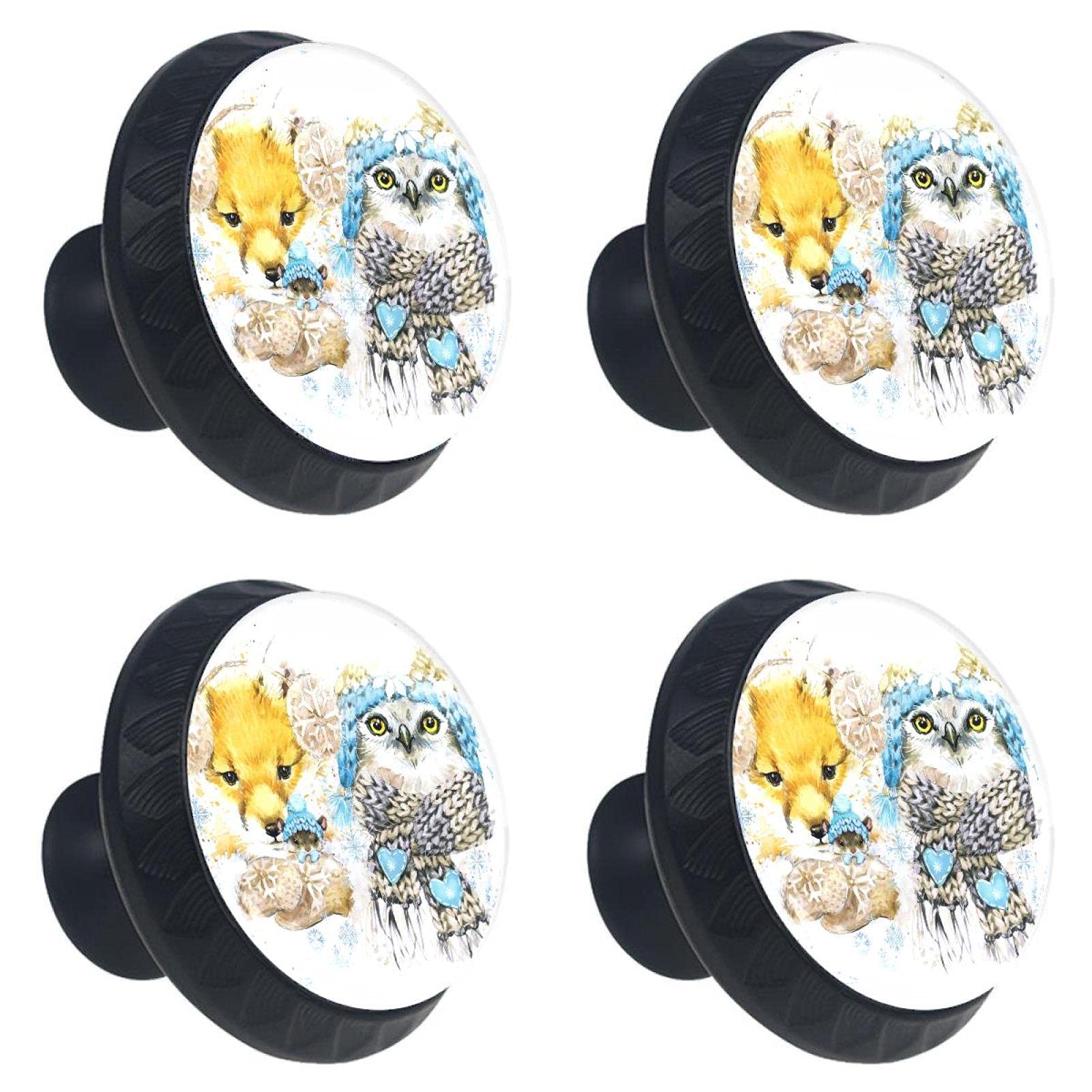 Boutons de tiroir en verre à motifs chien et hibou multicolores x4