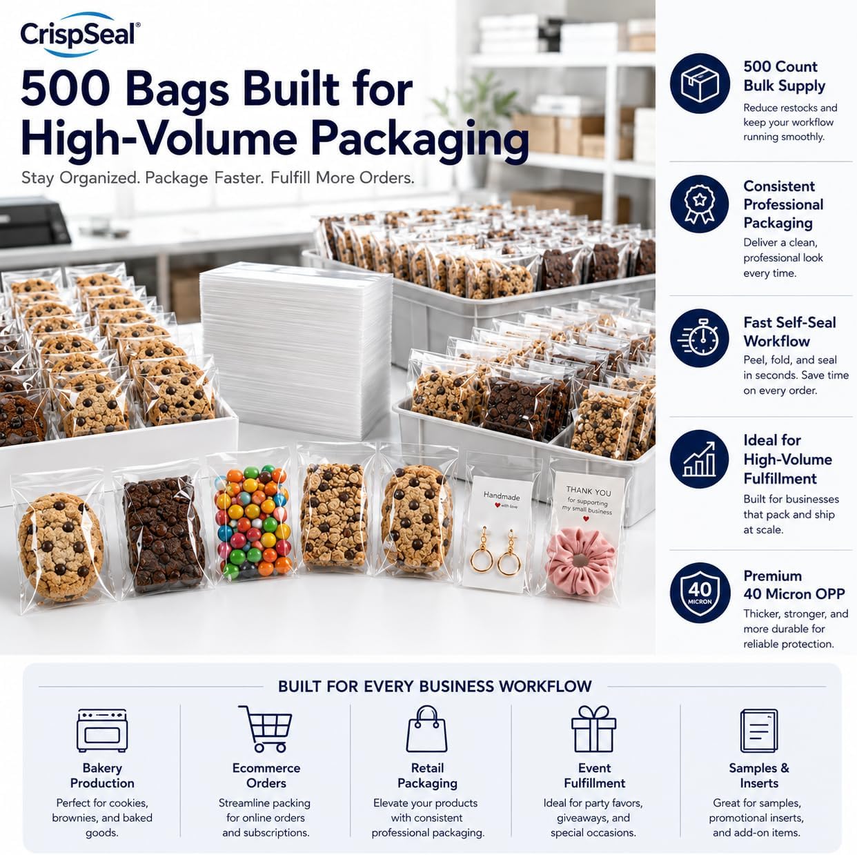 Clear Treat Bags 5x7 – Premium Thickness Self Seal Cellophane Cookie Bags for Candy, Bakery, Party Favors & Small Business Packaging – Resealable Adhesive Gift Bags – 500 Count – Crisp Seal image 3