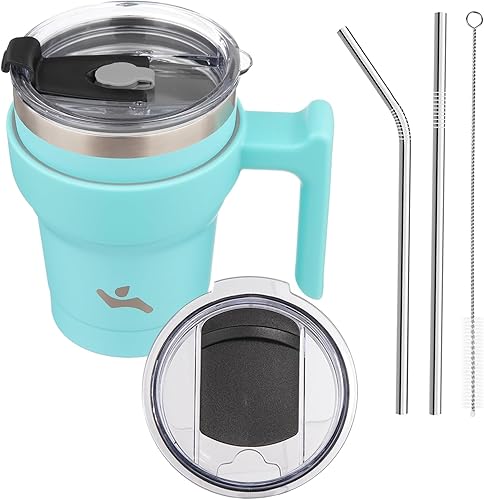 Vaso de 10 onzas con asa y 2 pajillas, 2 tapas, botella de agua aislada de acero inoxidable al vacío, taza de viaje reutilizable, turquesa