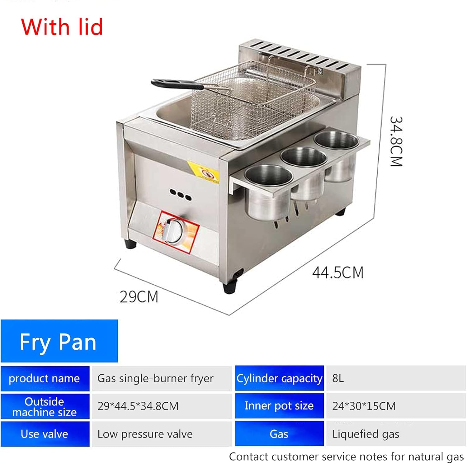 Friggitrice a gas di grande capacità, friggitrice a gas in acciaio inossidabile per casa e commerciale, potenza di fuoco regolabile, con cestini e coperchi, per patatine fritte ciambelle pesce
