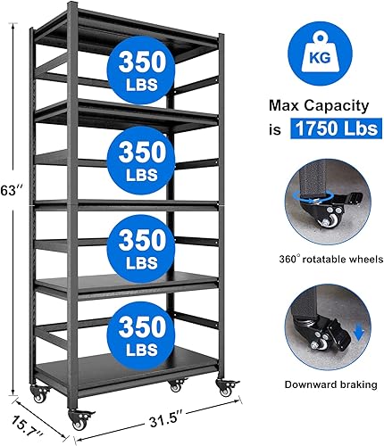 Miniatura 3 de Estantes de almacenamiento de 63 pulgadas de alto, estantería de metal resistente, estantes de despensa ajustables de 5 niveles con ruedas de carga