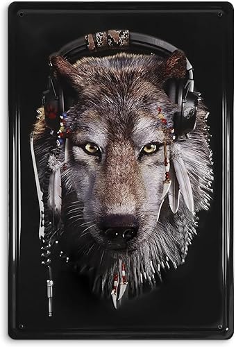 Kercan Letreros de hojalata de lobo, letrero de escuchar música, animales feroces, caza, divertido, retro, letrero de arte de pared, letrero de