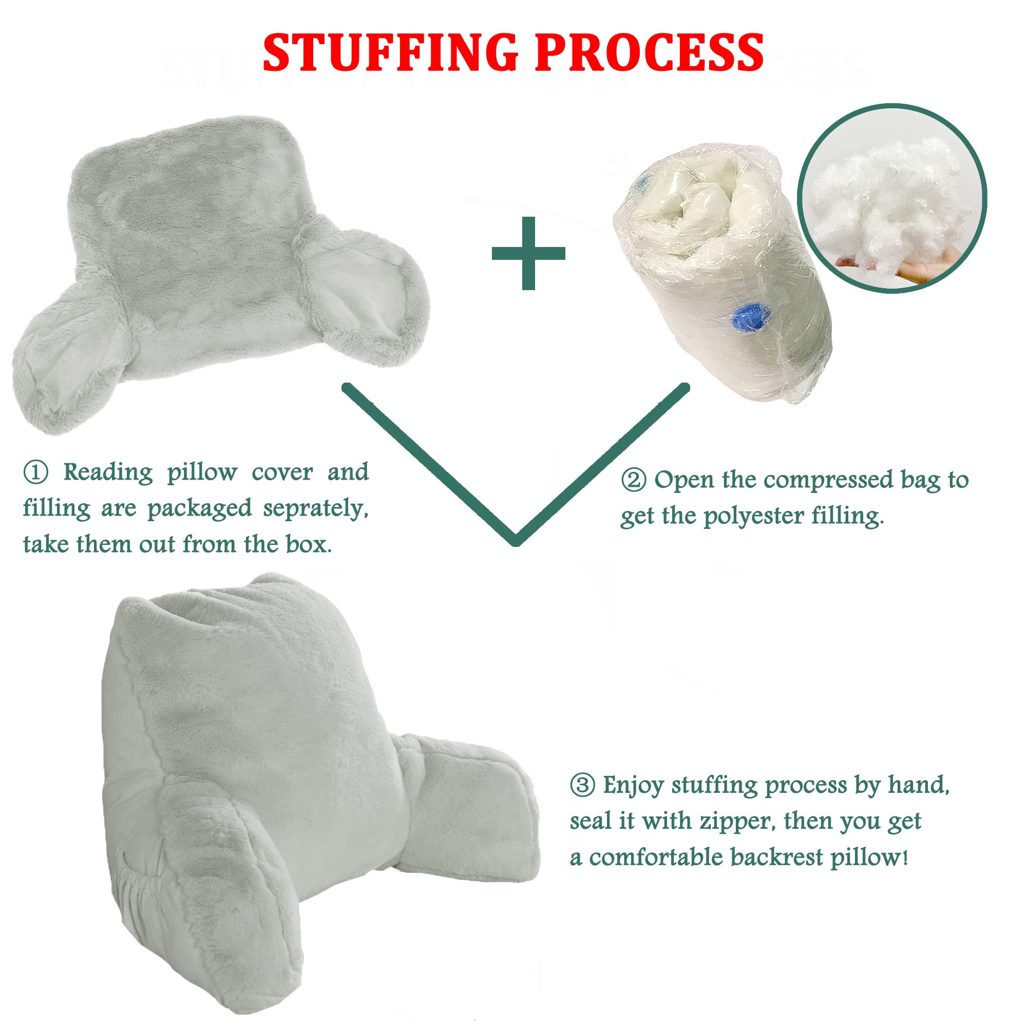 Bytide Faux Fur Assembly Needed DIY Backrest Reading Bed Rest Pillow with Arms and Pockets for Sitting in Bed Couch Sofa, Removable Cover and Filling Seprated, Medium Size 20