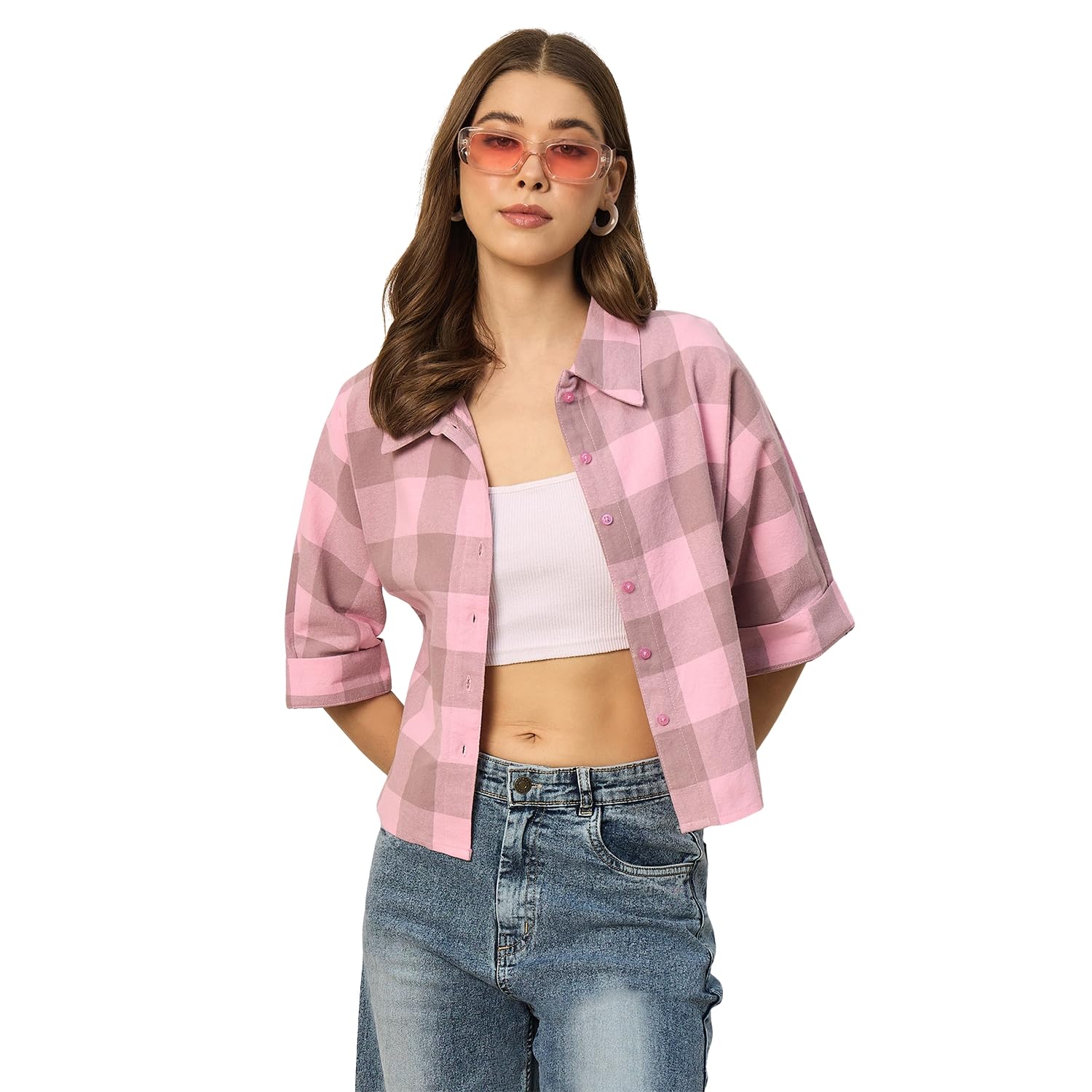 chimpaaanzee Women Checks Half Sleeve Crop Shirt-picture-54