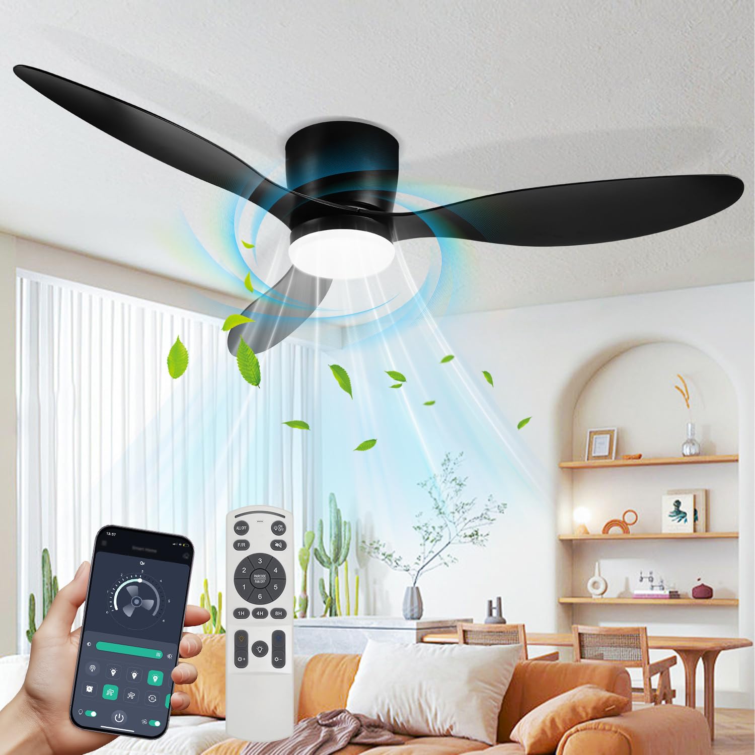 Daromigo Deckenventilator mit Beleuchtung 132cm, Smart Deckenleuchte mit Ventilator Fernbedienung und APP, 6 Geschwindigkeiten, Dimmbar, Timer, Umkehrsfunktion für Wohnzimmer, Schwarz