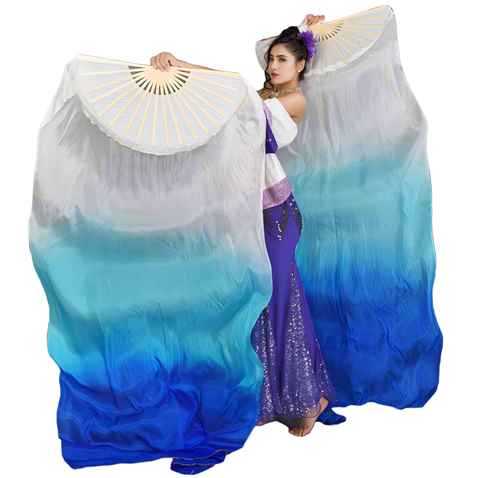 1 Pair Women Real Silk Belly Dance Fan Veils - Handmade Long Bamboo Fans for Professional Dancing 180cm * 90cm (Left+Right)