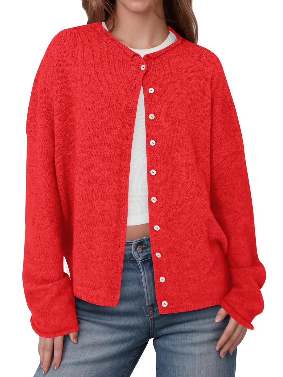 Saodimallsu Damen Kurz Strickjacke Langarm Leicht Rundhals Cardigan Sommer Sweater Weich Einfarbig mit Knöpfe