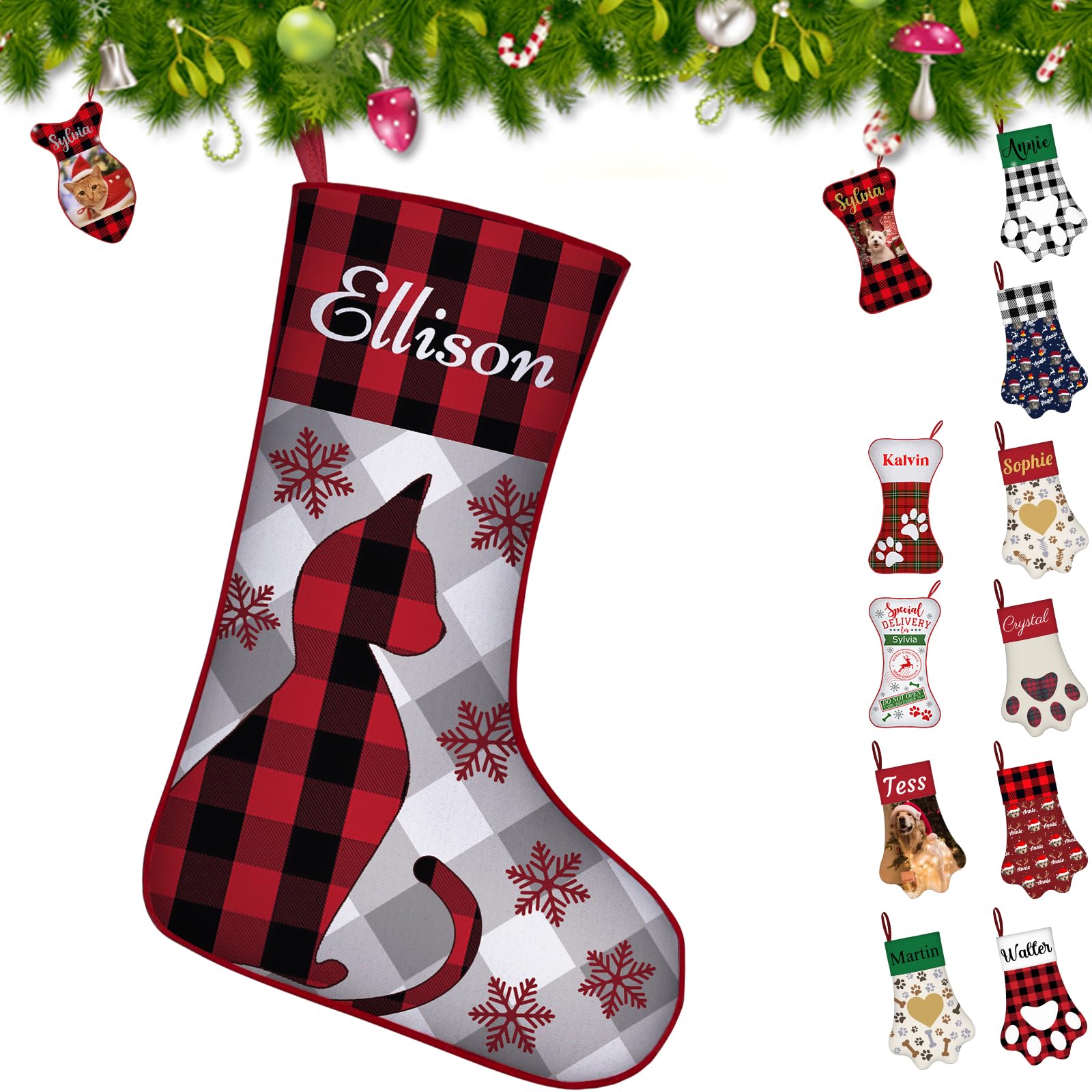 Personalized Christmas Stockings Cats Custom Name Pet Paw Bone Buffalo Plaid Xmas Stocking Customized Fireplace Christmas Hanging Ornaments Decor Gifts for Family Dog Cat