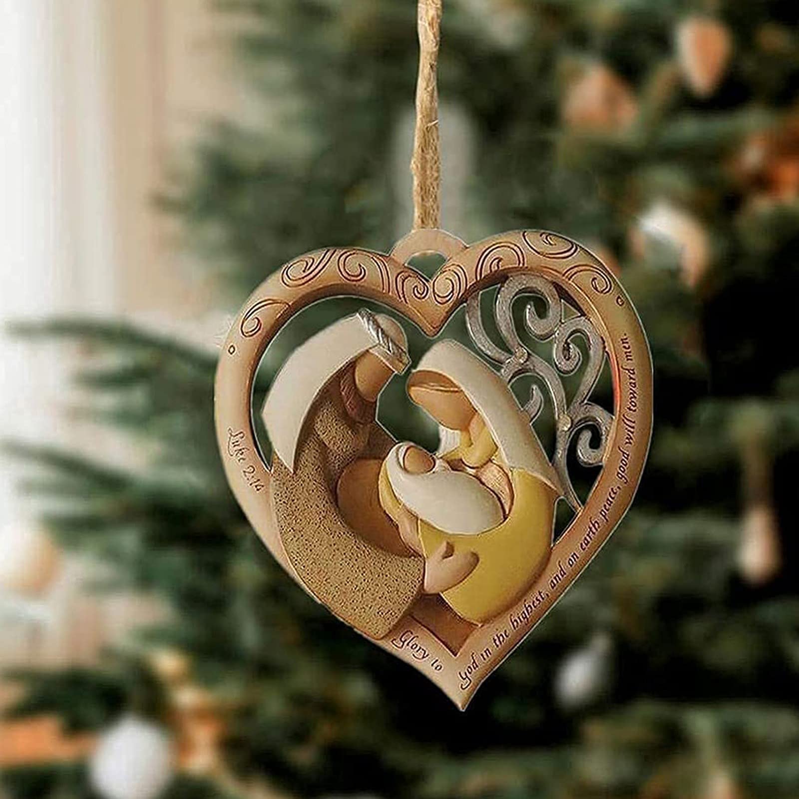 PANGHUBO Adorno cristiano de Navidad de la Sagrada Familia, colgante de árbol de Navidad, estatua de ángel cristiano en forma de corazón, adorno colgante en forma de corazón (A)