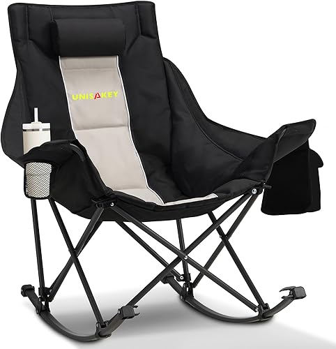 Miniatura 12 de Silla mecedora de camping extra grande con reposacabezas y portavasos - Capacidad de 400lbs, tela Oxford 600D, silla mecedora portátil fácil de