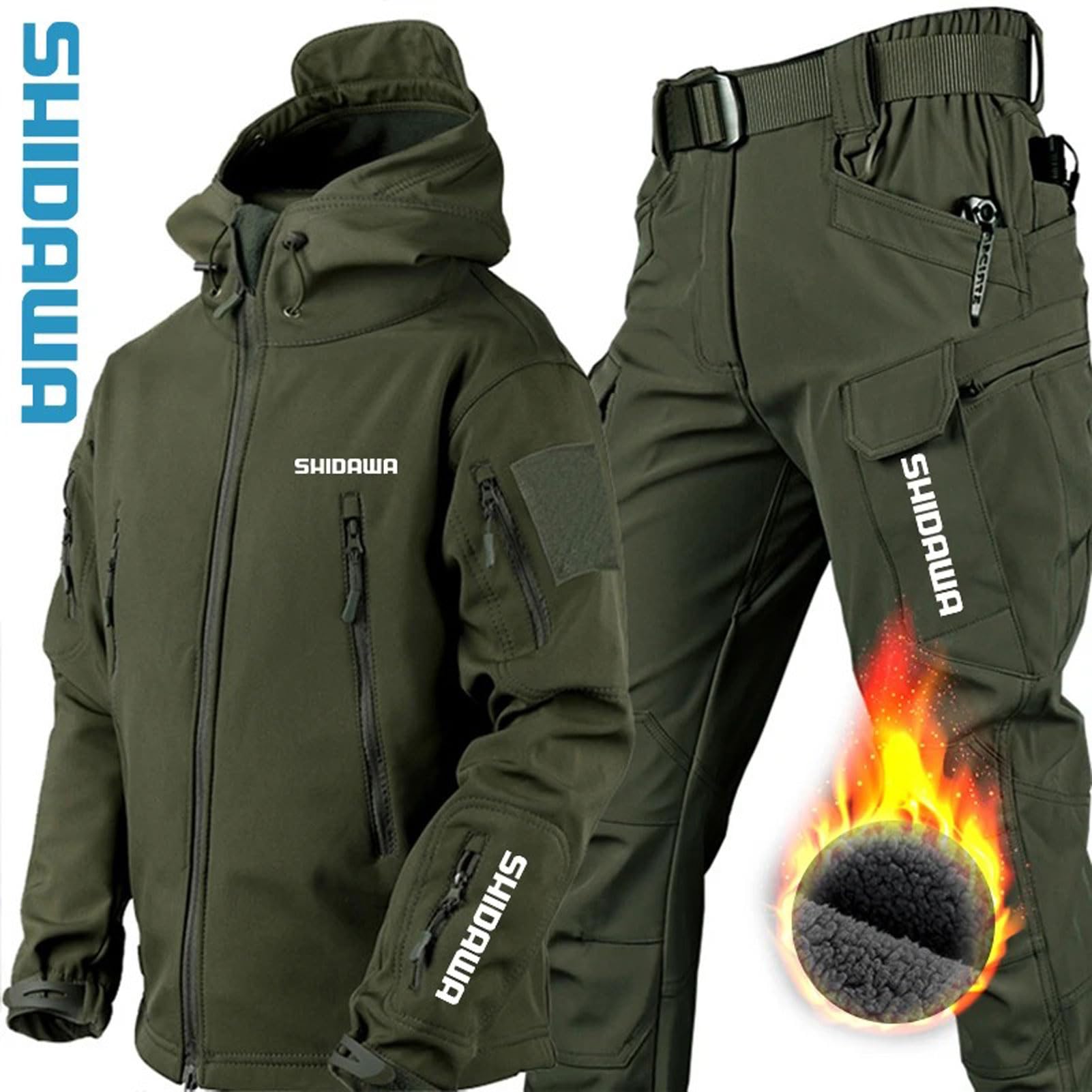 Trajes de pesca para hombre, piel de tiburón, forro polar suave, grueso, montañismo, camping, tácticas, entrenamiento, impermeable, verde militar