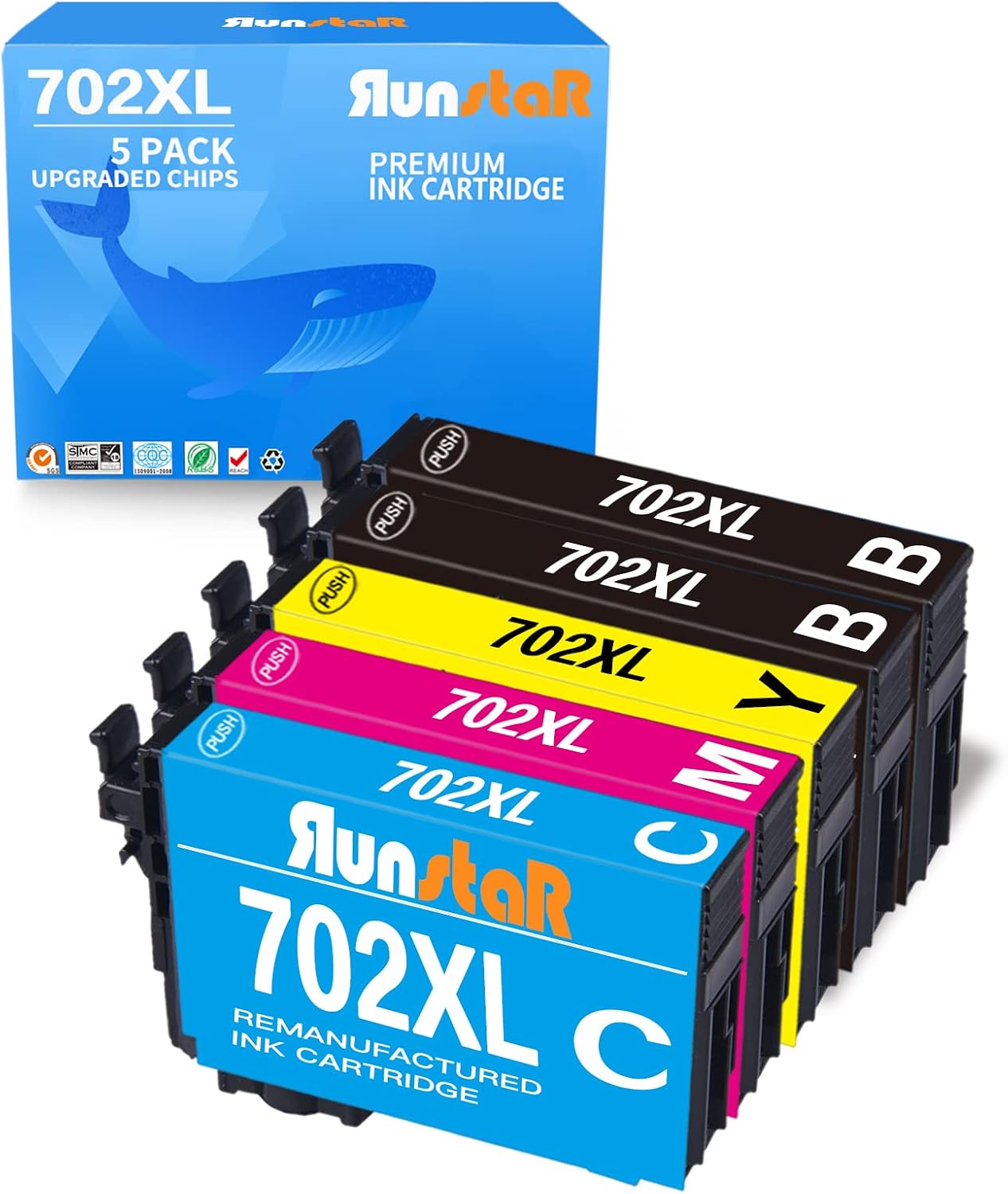 Super Sale 🛒 Run Star Remanufactured 5 Pack 702XL Black Ink Cartridge Replacement for Epson T702XL 702 XL T702XL120 for Epson Workforce Pro WF-3720 WF-3733 WF-3730 All-in-One Printer (2Black/Cyan/Magenta/Yellow)
