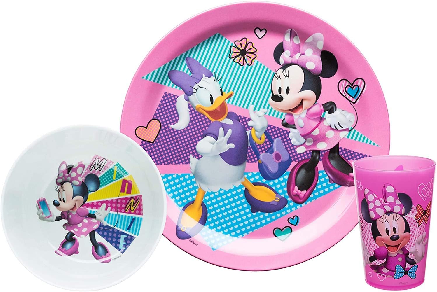 Zak Designs Disney Kids Dinnerware Set Includes Plate, Bowl, and Tumbler, Made of Durable Material and Perfect for Kids (Minnie Mouse & Daisy, 3 Piece Set, BPA-Free)