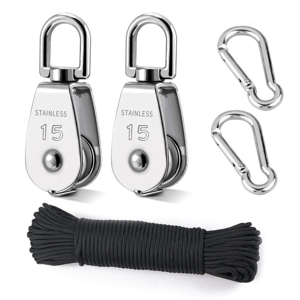 TooTaci 15mm Crane Pulley Block Swivel Hook Single Pulley Block Hanging Wire Towing Wheel 304 Stainless Steel - 20 Meter Nylon Pulley Line Rope & Carabiner Snap Hook Clips - 2Pcs
