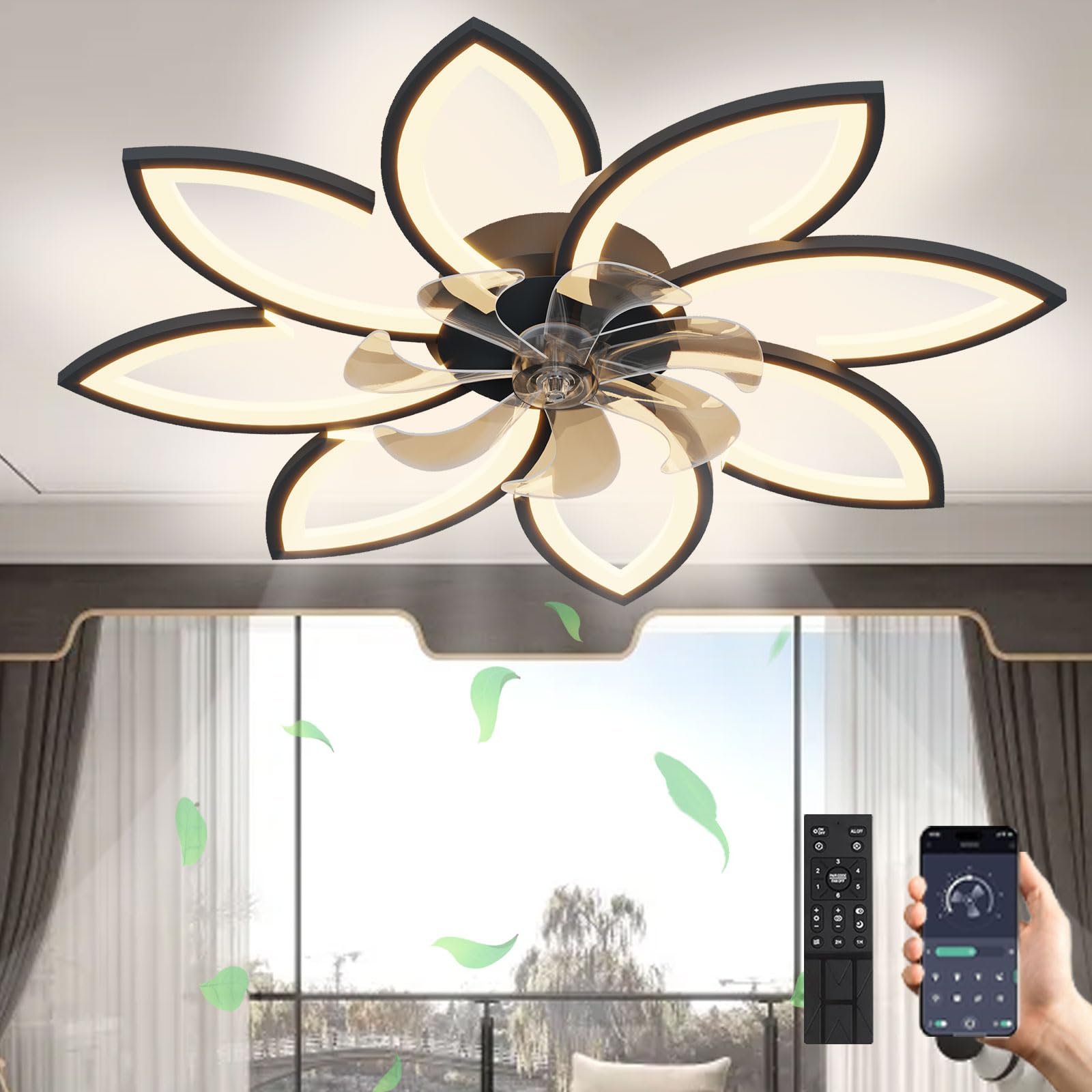 LED Deckenventilator Mit Beleuchtung 72W Dimmbar 3000K-6000K Stumm Reversibel Schwarz 8 Köpfe 90x15cm