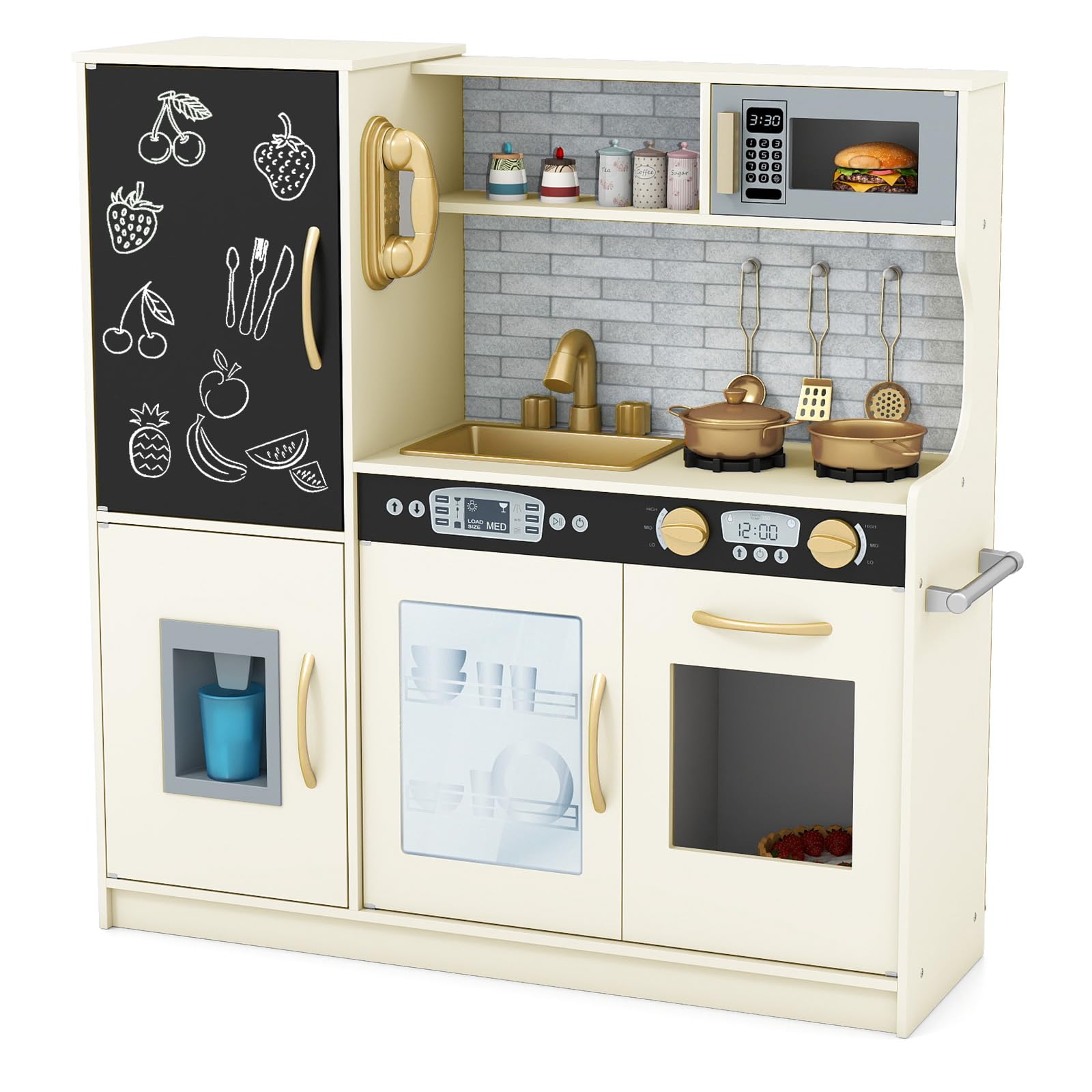 Maxmass Kids Play Kitchen, Wooden Children Pretend Kitchen with Ice Maker, Telephone, Chalkboard, Double Stoves, Dishwasher, Cookware Accessories, Toddler Boys Girls Cooking Toy Playset (Light Yellow)