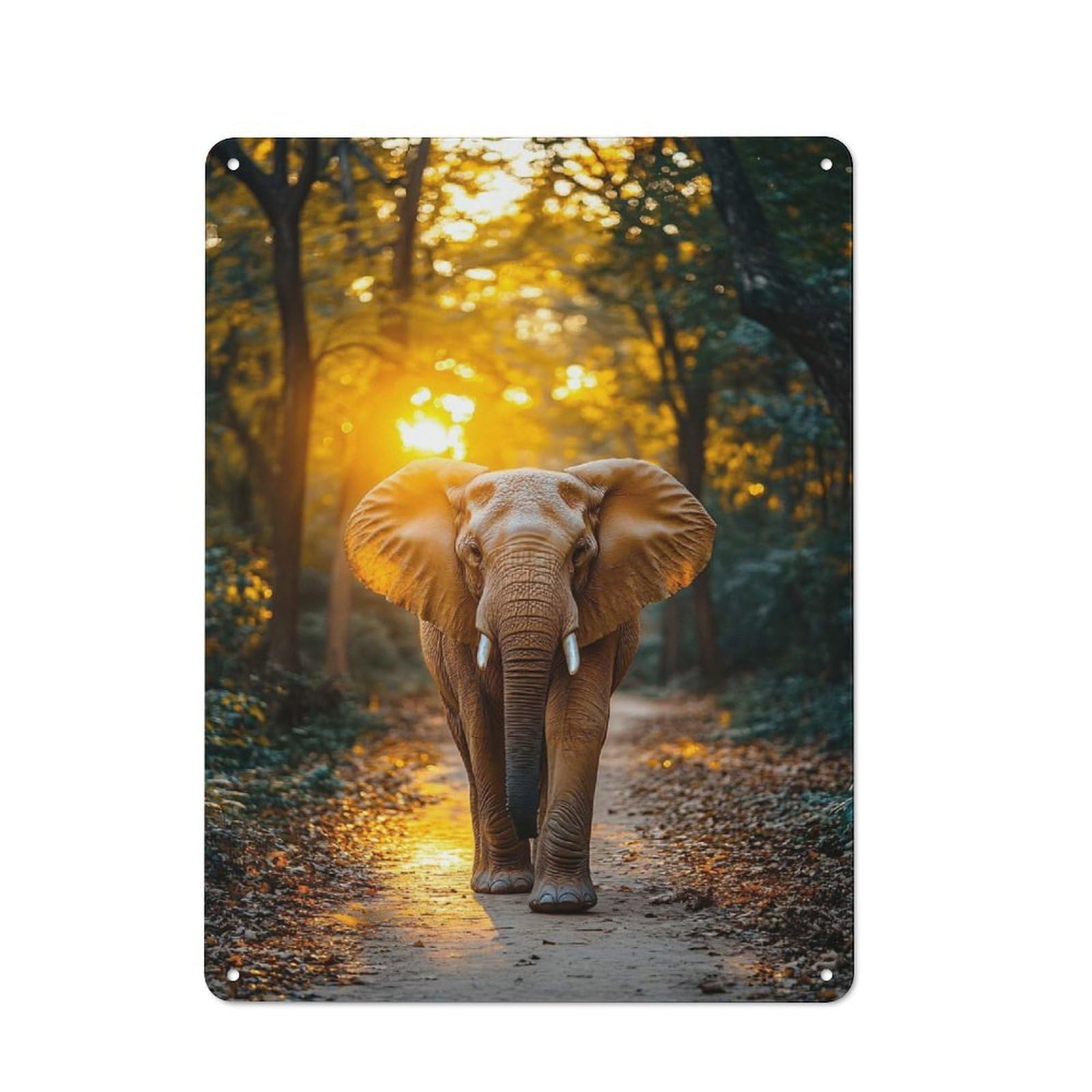 Junmoney Style-13 Workshop Style Elephant Walking Through Forest At Sunset Tin Sign 40X30cm, Industrial Wall Art For Garage, Hobby Room, Office Or Man Cave