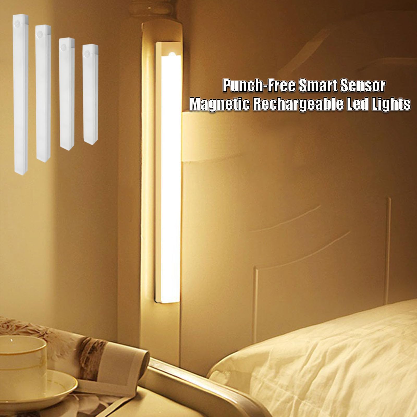3Pack Punch-Free Smart Sensor Magnetic Rechargeable Led Lights,Rechargeable Motion Activated Cabinet Lights, Motion Sensor Light Indoor (Warm Light, 20CM)