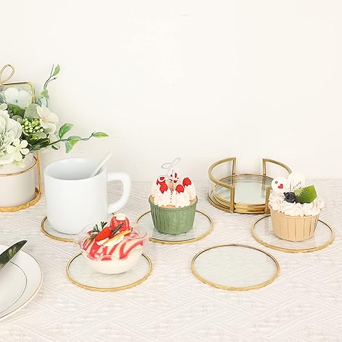 Miniatura 7 de JUXYES Juego de 8 posavasos redondos de vidrio con soporte, posavasos de latón dorado para bebidas, juego de posavasos modernos para decoración de