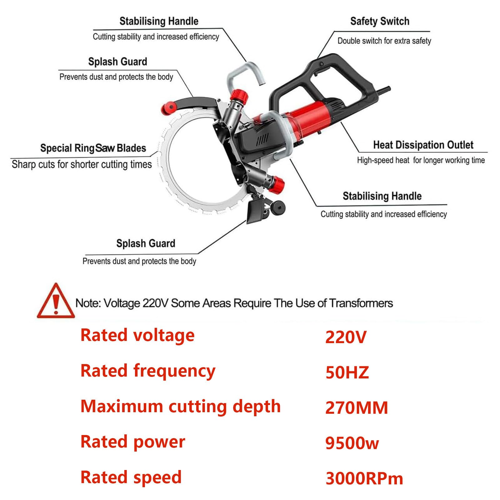 Elektryczna piła tarczowa do betonu bezszczotkowa, elektryczna maszyna do rowkowania, frezarka toroidalna do betonu z tłumieniem pyłu podawanym wodą, 9500 W (size_name 9500w)