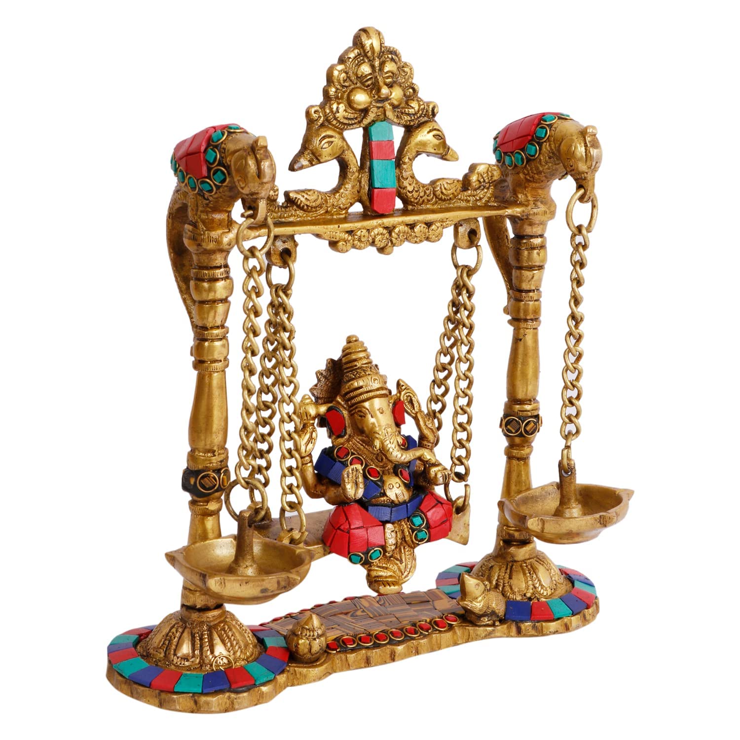 Kartique Brass Ganesh Bhagwan Jhula with Two Diyas Ganesha Idol Swing Ganpati Bappa Jhoola Murti for Home House Warming Mandir Office Decor Couple Gift Multicolored Stone Work - Image 3 thumbnail