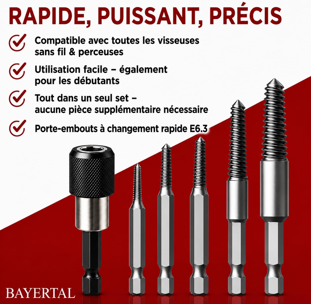 Lot de 6 extracteurs de vis E6.3 - Extracteur gauche avec porte-embout à changement rapide - Tournevis + extracteur pour vis endommagées et coincées