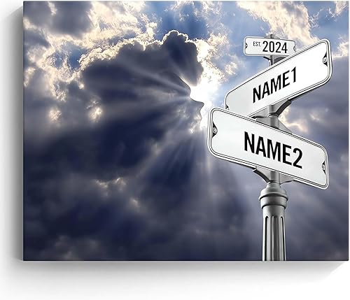 Impresiones en lienzo personalizadas letrero de calle Crossroads para parejas, arte de pared, nombres y fechas, regalo personalizado, impresión en
