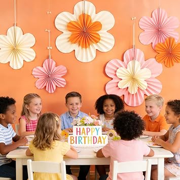 PAPER JAZZ Spring Paper Flowers Decoration Summer Orange Birthday Party Decoration Orange Pink Groovy Paper Fans Classroom for Wall Hanging Decor for Office Baby Shower Bulletin Board.