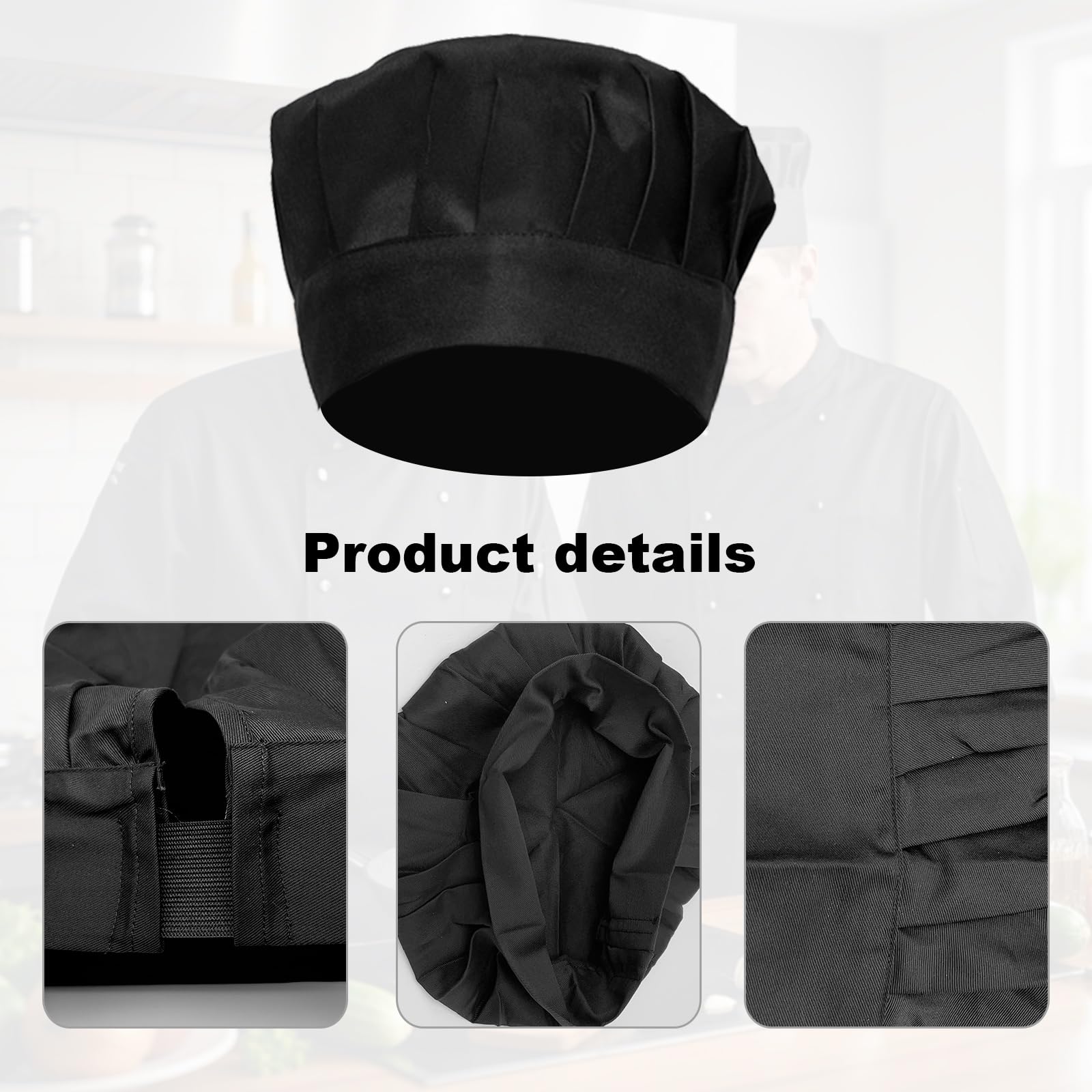 3 Piezas Gorro de Cocinero Unisex, Gorro De Chef, Sombrero de Cocinero Ajustables en Algodón Elástico, Uniforme de Cocina, Gorros de Chef para Hornear, Fiesta, Cocina, Restaurante (Negro)