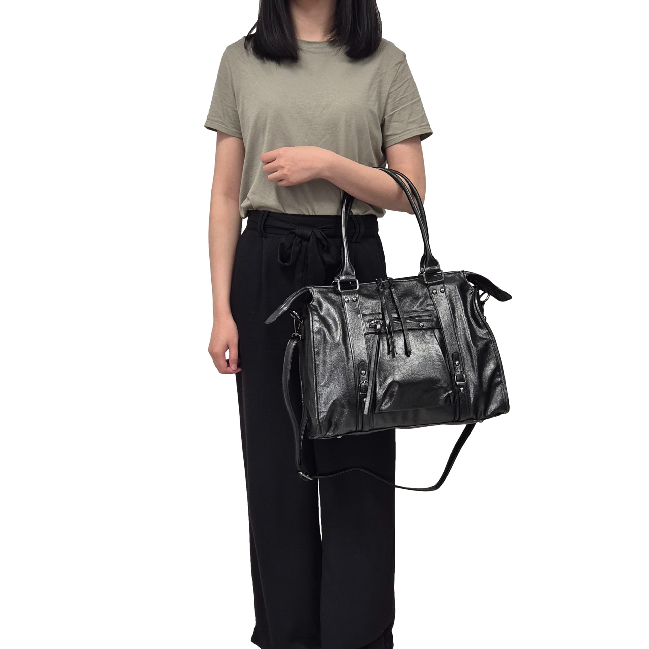 Double Tree Sac à Main Cabas Femme Irisé Pour Les Cours - Sac Bowling Fourre-Tout Travail Format A4 - Similicuir Brillant Détails Argentés ou Dorés - Chic Tendance
