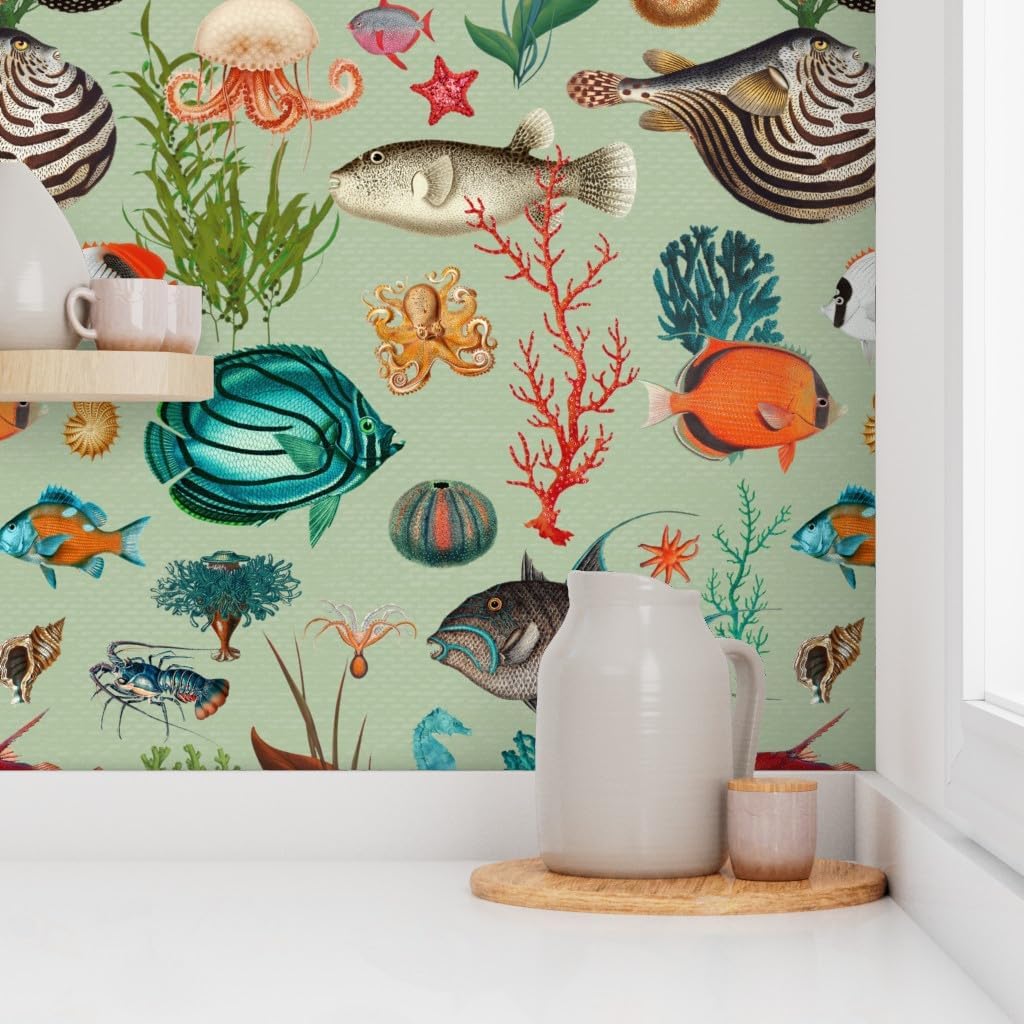 Removable Wallpaper Swatch - Sage Green Small Scale Summer Ocean Sea Fish Coastal Aqua Mint Blue Custom Pre-Pasted Wallpaper by Spoonflower