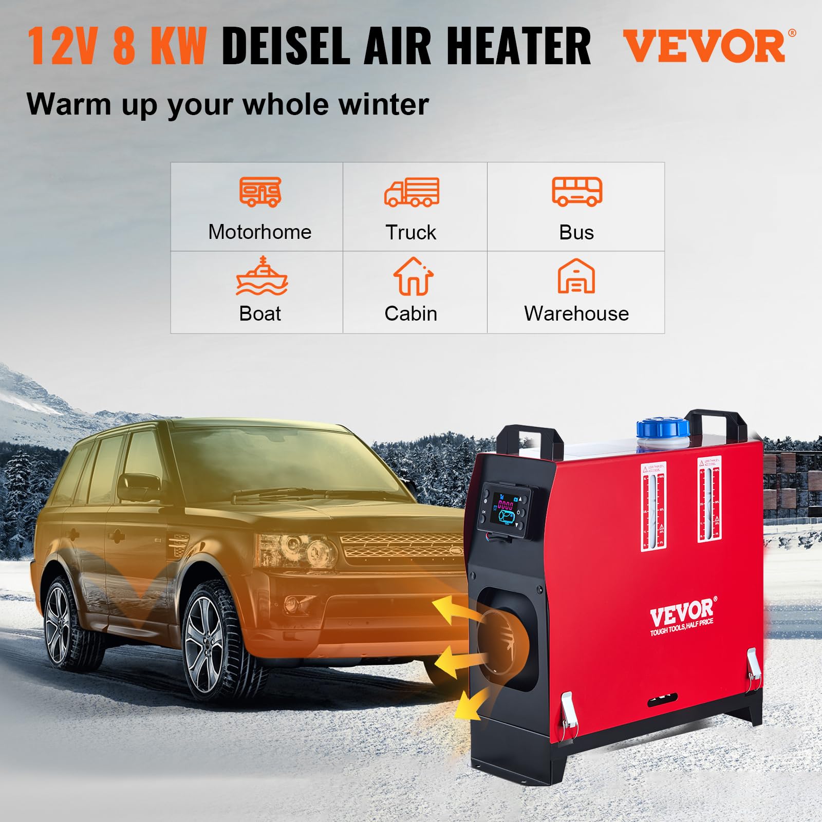 VEVOR Riscaldatore Diesel 12V Riscaldatore Aria Diesel per Auto da Parcheggio 8kW a Carburante con Telecomando e Monitor Termostato LCD per Auto, Camion, Camper, Barche Autobus