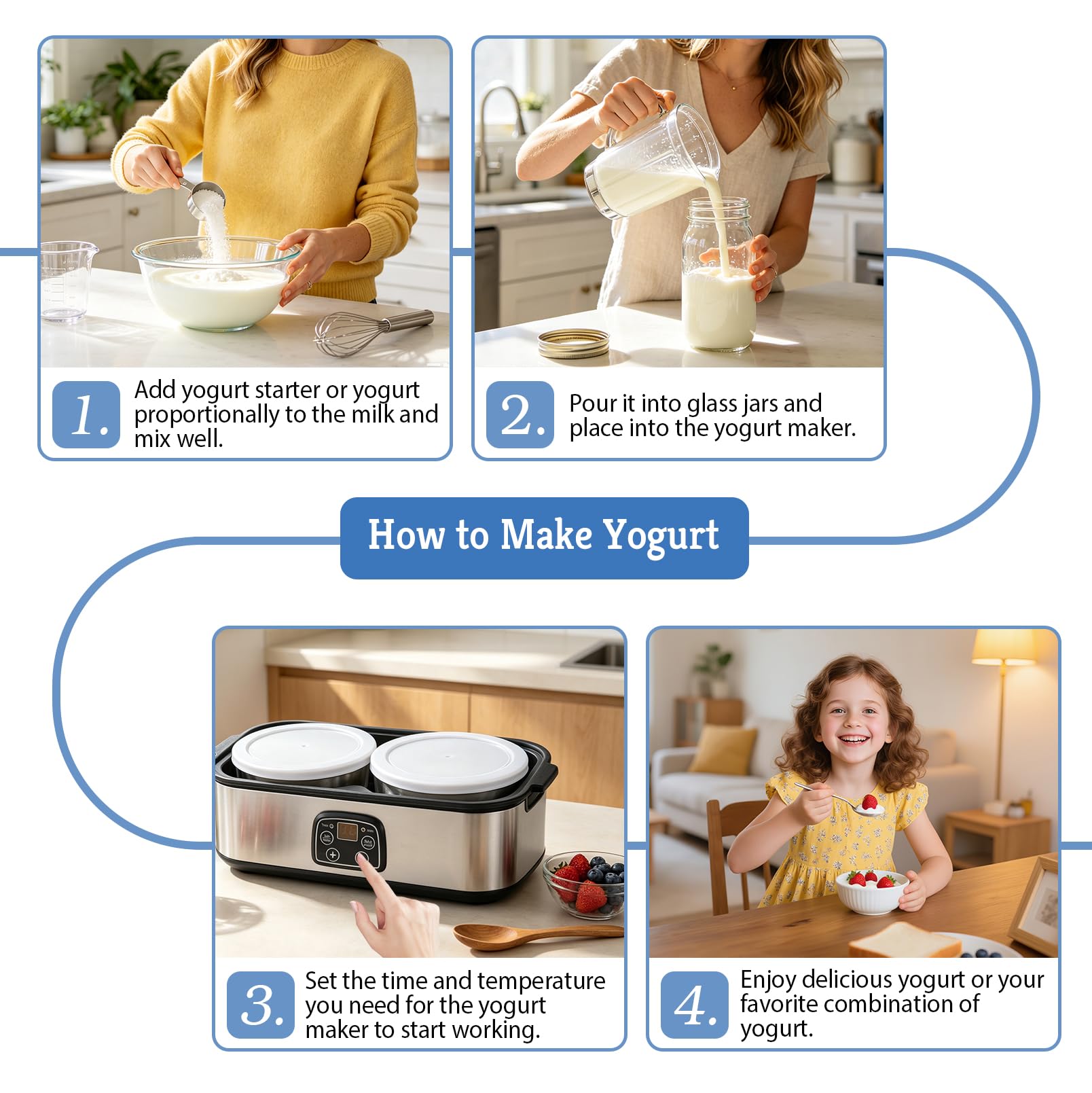 Yogurtera de 2 litros, máquina de yogur con 2 recipientes de cristal | 1000 ml, temperatura ajustable 20 – 55 °C, temporizador 48 H, máquina automática para yogur, productos lácteos, queso