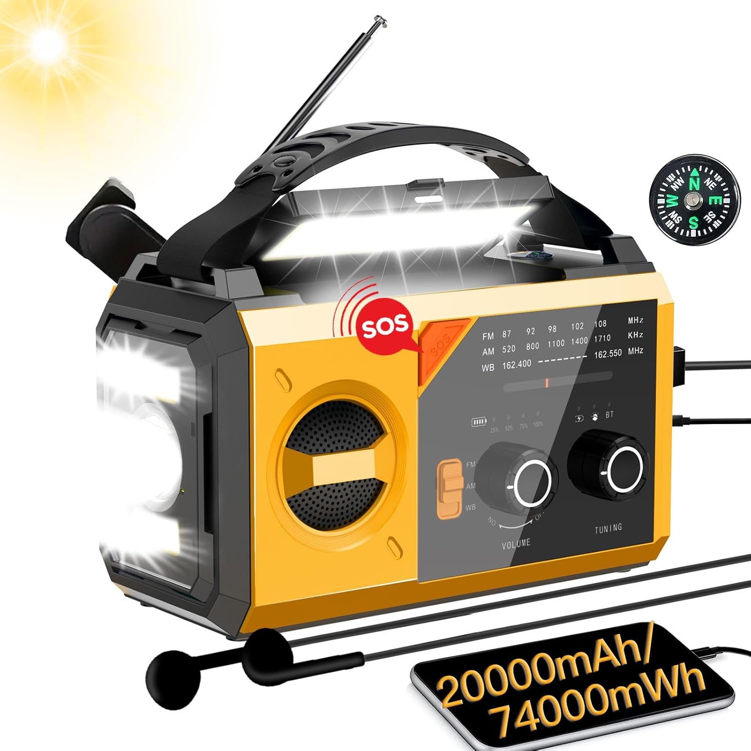 20000mAh/74000mWh Solar Hand Crank Emergency Radio – AM/FM/NOAA Weather Alert, Portable Power Bank, 3-Mode Flashlight & Reading Lamp, SOS Alarm, Phone Charger for Outdoor/Camping/Emergenc(Yellow)