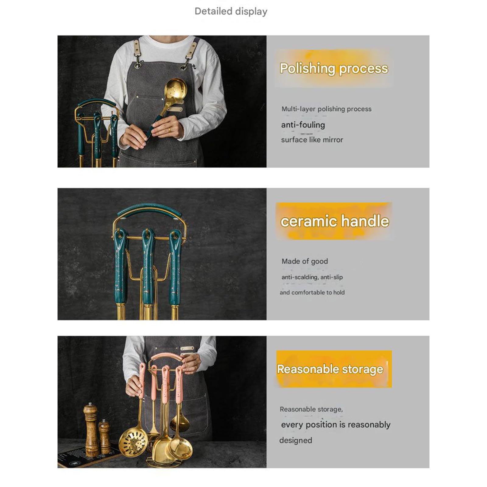 Set di 7 utensili da cucina in acciaio antiruggine con manici antiscivolo e lavabili in lavastoviglie per chef moderni, robusti utensili da cucina in acciaio antiruggine