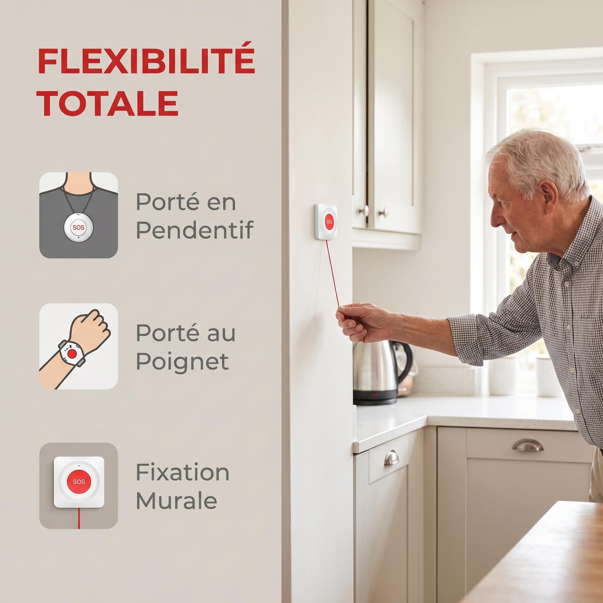 Bracelet Alarme Personne Agee avec WiFi – Utilisation sans Abonnement, Étanche IP55, Alarme Interne avec Notification Via Application, Volume Réglable (Pack de 4 Produits)