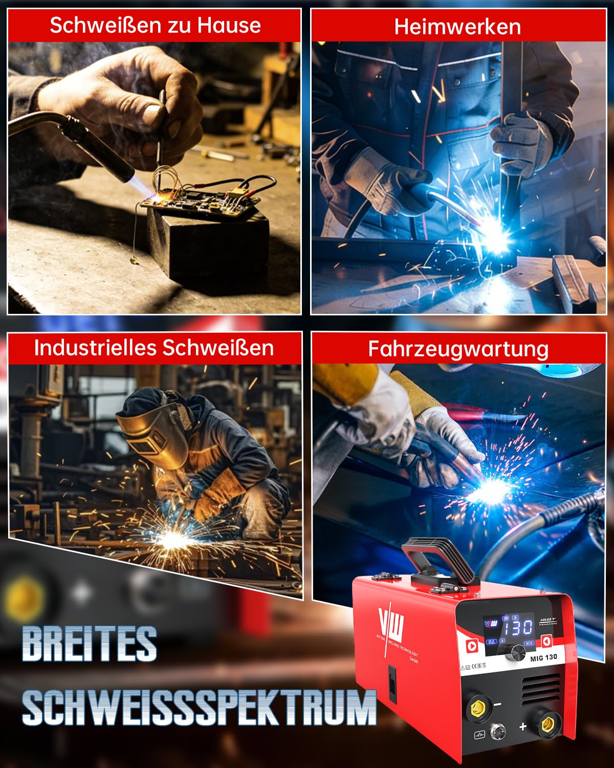 VECTOR WELDING Fülldraht Schweißgerät Set 130A, Inverter Schweißmaschine | 3-in-1 IGBT Elektroden Schweißgerät Flux MIG/MMA/Lift WIG mit Digital Display, Anti-Stick, Leicht Tragbar für Autoreparatur