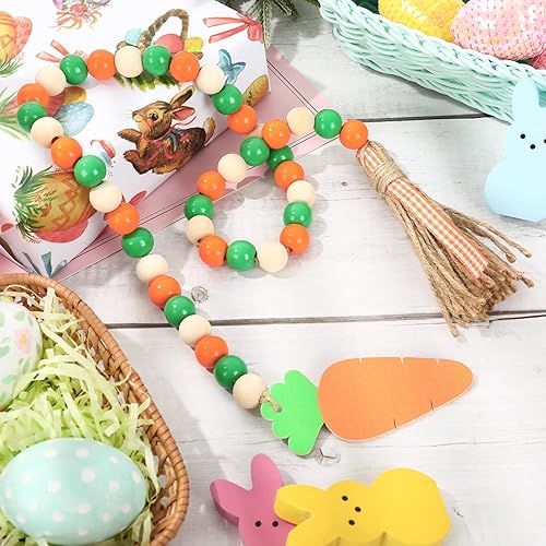 Miniatura 6 de Whaline Guirnalda de cuentas de madera de Pascua con borla, adorno de zanahoria, rústico, granja, cuentas de madera natural, decoración colgante