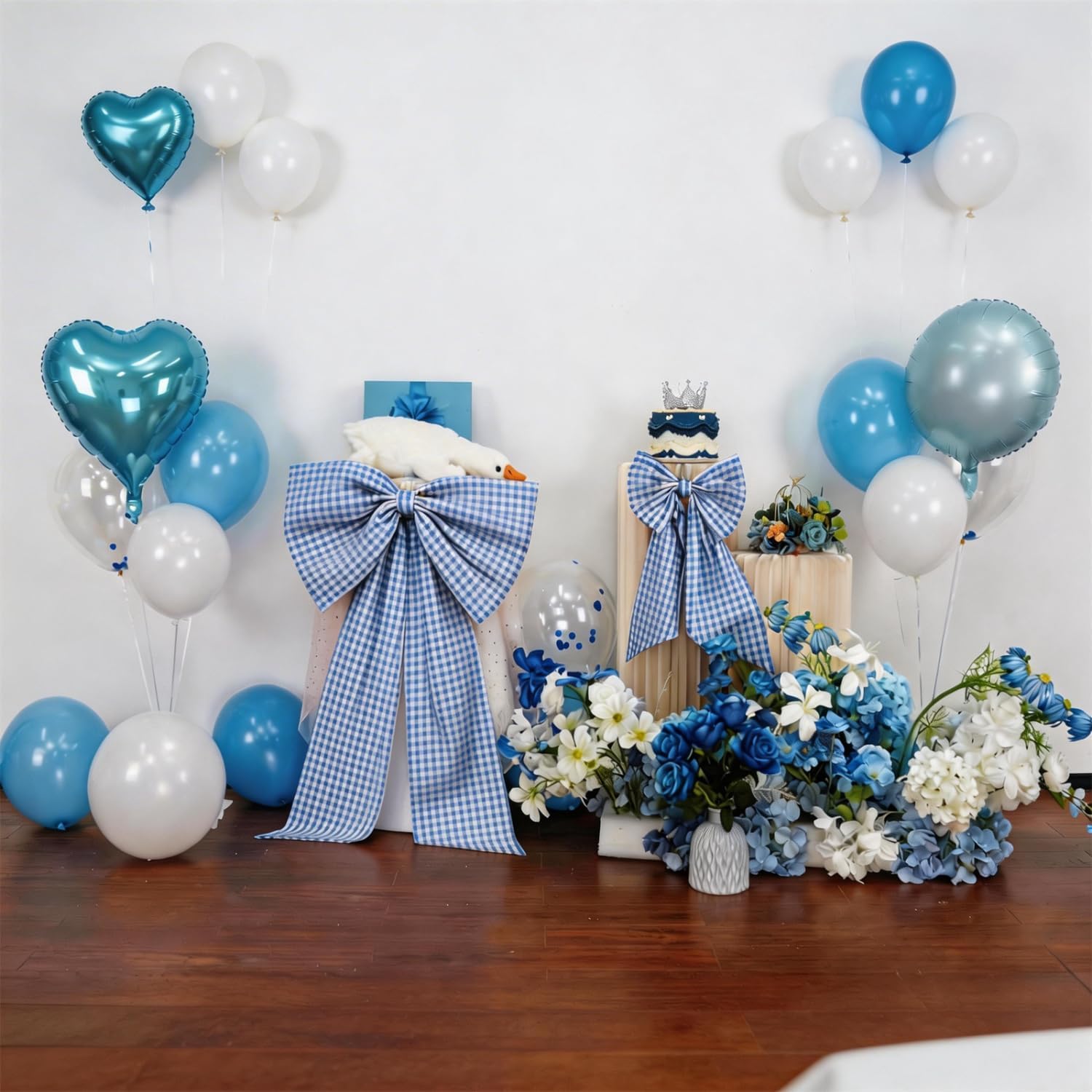 Blue Checkered Bow Decor 2 Pack,Large & Small Blue and White Coquette Room Backdrop Wall Decor for Women Girls Birthday One Silly Goose Baby Shower Bridal Engagement Wedding Party Decorations