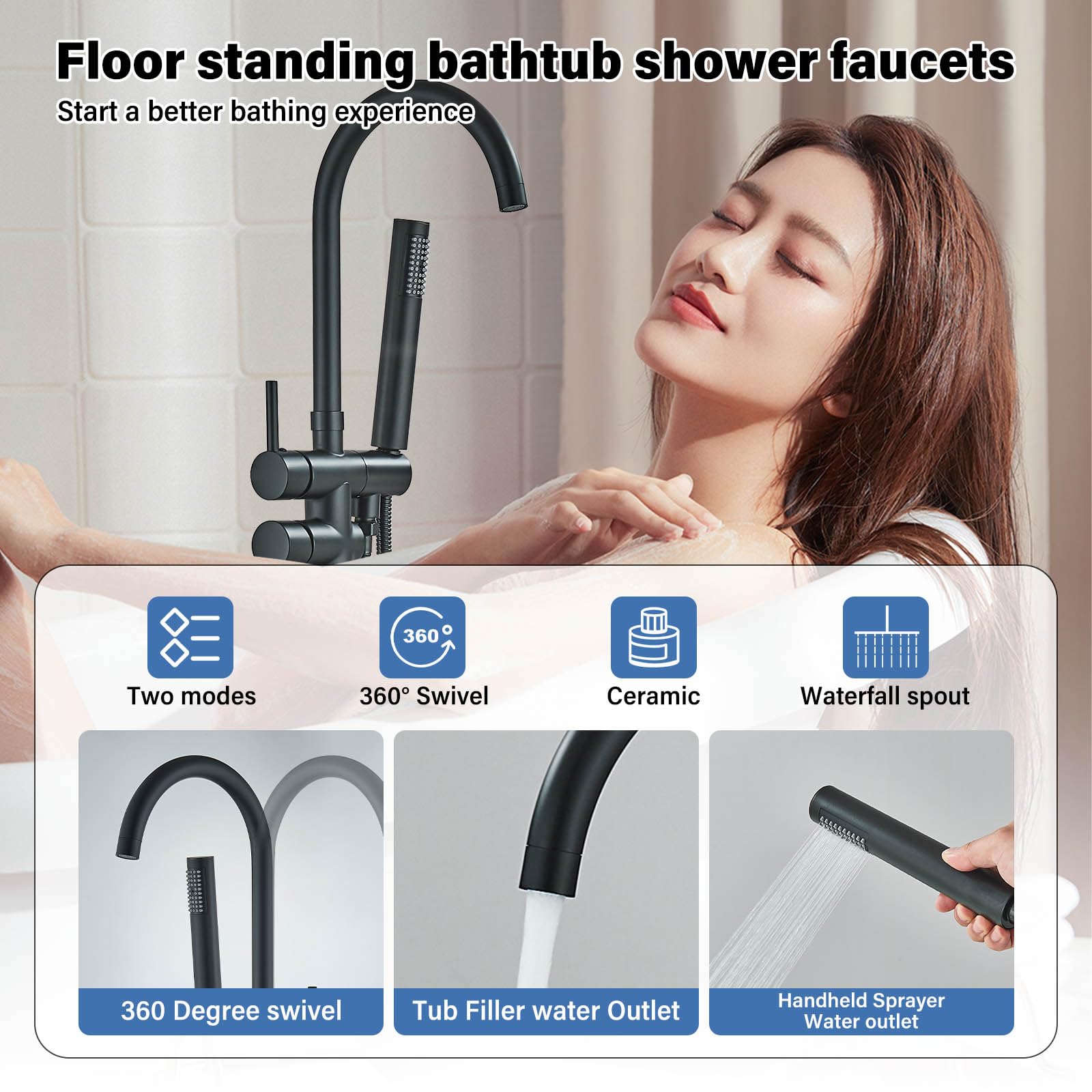 YAGATAP Vrijstaande Bad Kraan Floor Mount Bad Filler Matte Black High Flow Douchekranen met Handheld Douche Mengkranen Swivel Uitloop YAGATAP Vrijstaande Bad Kraan Floor Mount Bad Filler Matte Black High Flow Douchekranen met Handheld Douche Mengkranen Swivel Uitloop