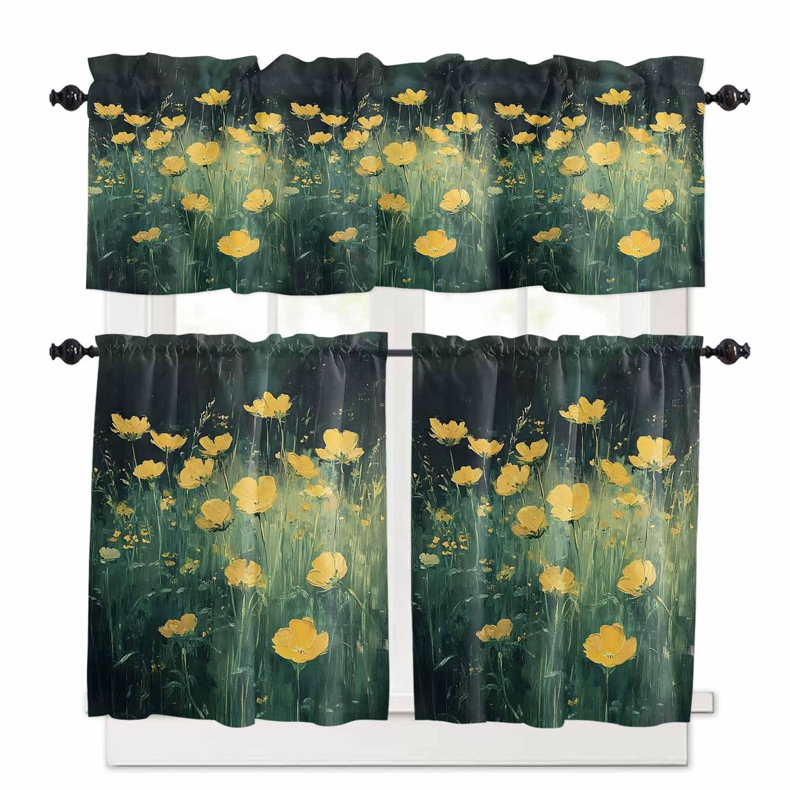 Spring Floral Kitchen Curtains 36 Inch Length,3 Piece Rod Pocket Small Half Tiers and Valance Set,Modern Oil Painting Yellow Botanical Green Small Large Window Treatment Decor for Bedroom/Bathroom