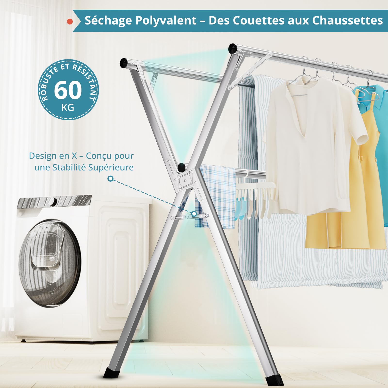 JAUREE 240 cm Séchoir à Linge, étendoir Pliable pour vêtements intérieur/extérieur, Support à Linge en Acier Inoxydable Robuste, Grand Portant Pliable et Portable avec 20 Crochets Coupe-Vent