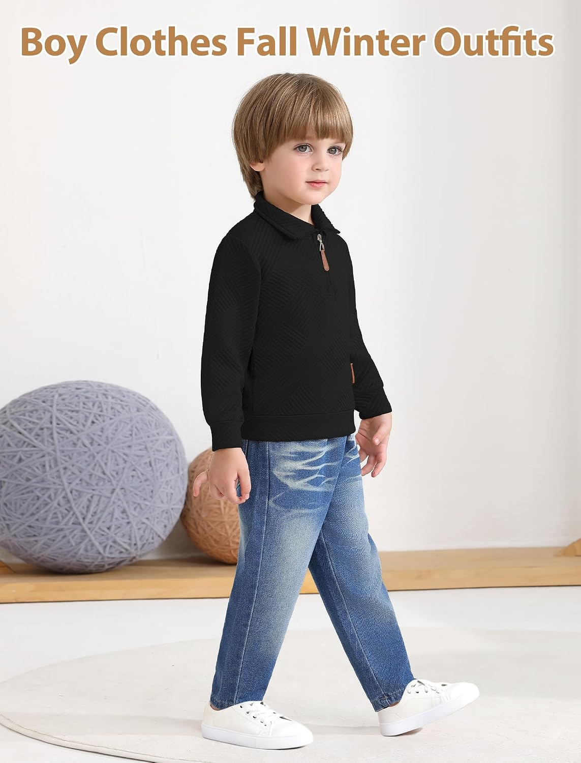 Boy Clothes Long Sleeve Solid Sweatsuits Tops and Jean Pants 2Pcs Boys Fall Winter Outfits Set Size 2-8Y