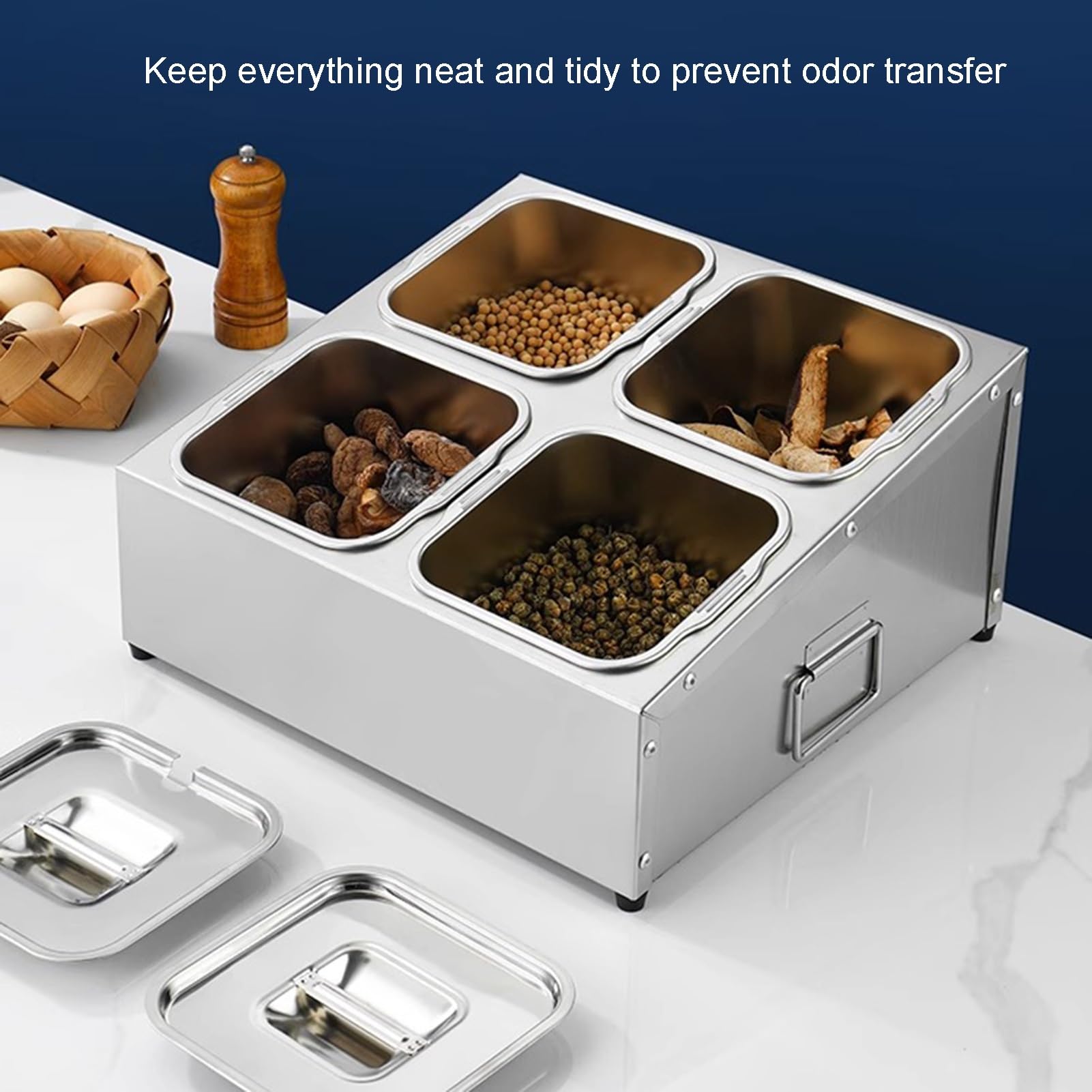 Juego De Especieros Comerciales De Acero Inoxidable Soporte Para Mostrador, Recipiente Para Alimentos Dispensador, Caja Organizadora Para Sal, Azúcar, Condimentos Y Frutas(Silver-B,53x18x15.5cm)