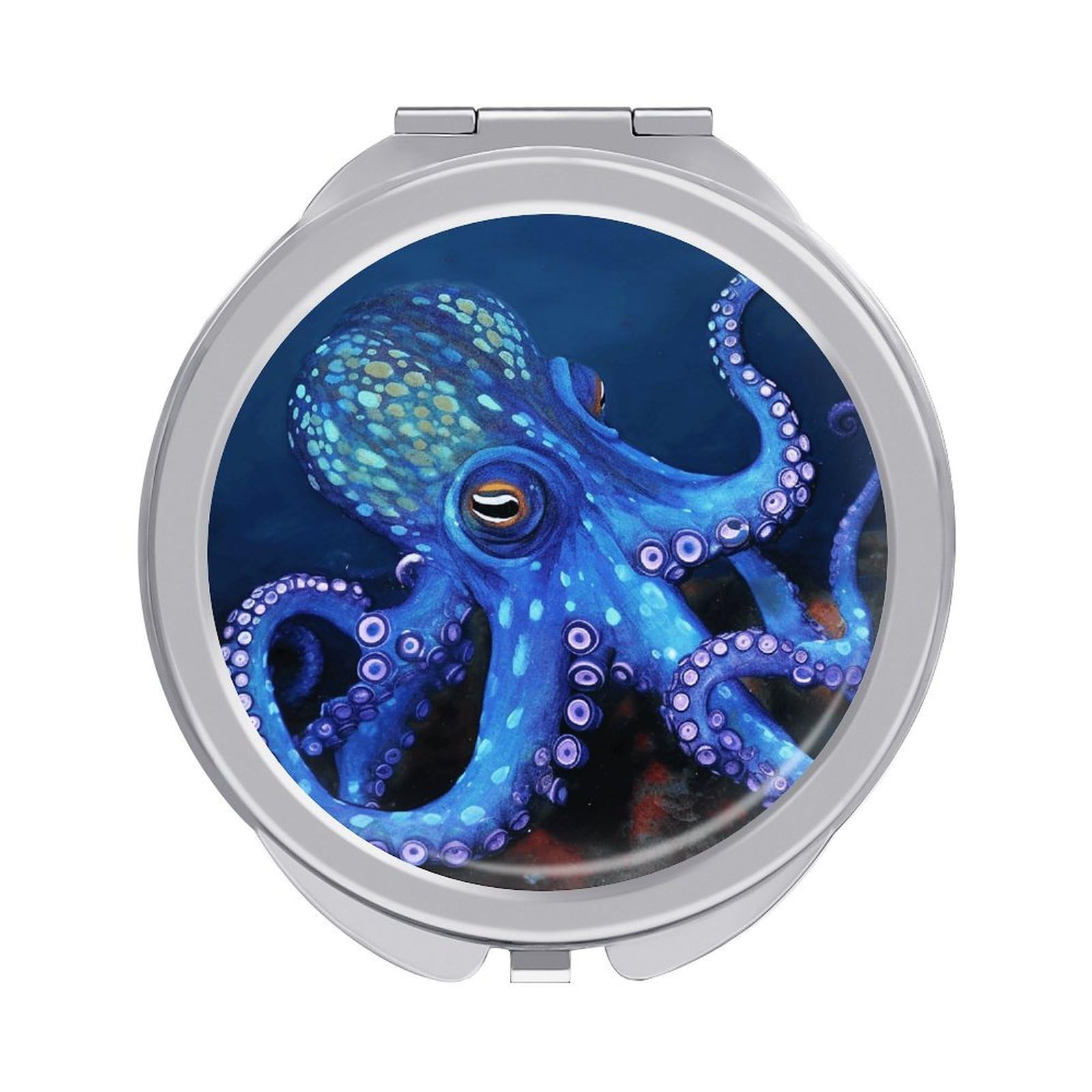 VstaDank Blue Octopus Travel Makeup Mirror Cute Compact Mirror for Women 1X/2X Magnifying Metal Pocket Makeup Mirrors Folding Round Makeup Mirrors for Handbag Wallet & Gift