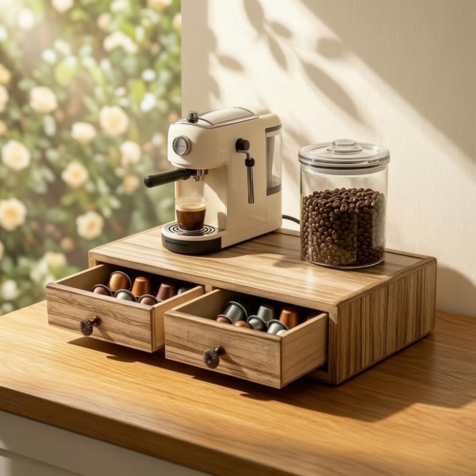 Kaffeemaschinenständer aus Massivholz mit Schubladen Und Ablagefläche für Kaffeemaschine Und Zubehör Kompakter Organizer mit Holzmaserung für Büro Und Zuhause