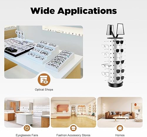 Miniatura 8 de 44 pares de soportes redondos para gafas, exhibición giratoria de 360 lentes de sol, organizador independiente con espejos ajustables y soporte de